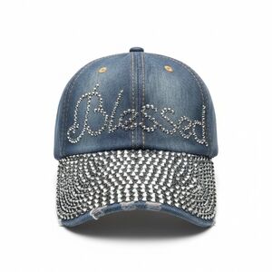 Rhinestone 'Blessed' Denim Baseball Cap - Blue